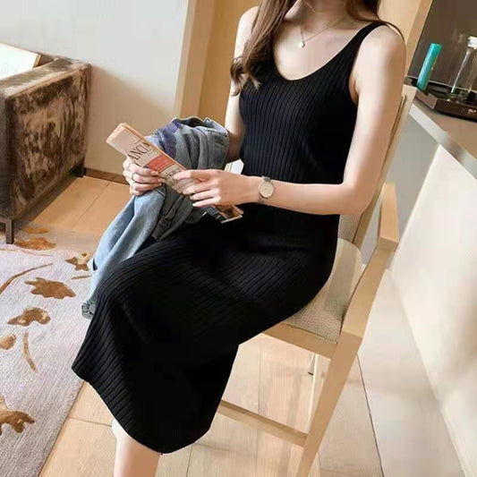 Sleeveless Knit Midi Dress Black Inner Slip Dress