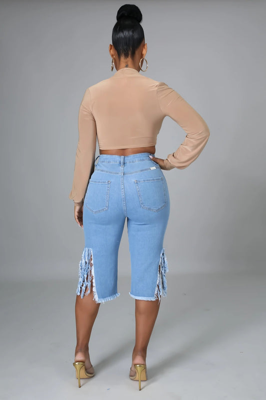 New Style Ripped Elastic Fringed Jeans Women High Waist Knee-length Casual Slim Fit