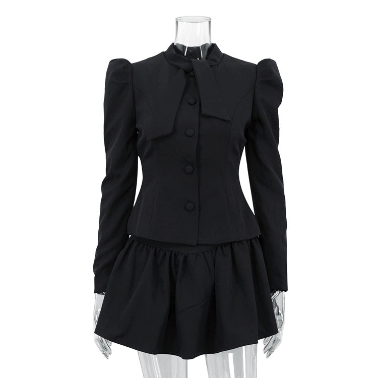 Bow Tie Long Sleeve Suit Top Skirt Two-piece Set