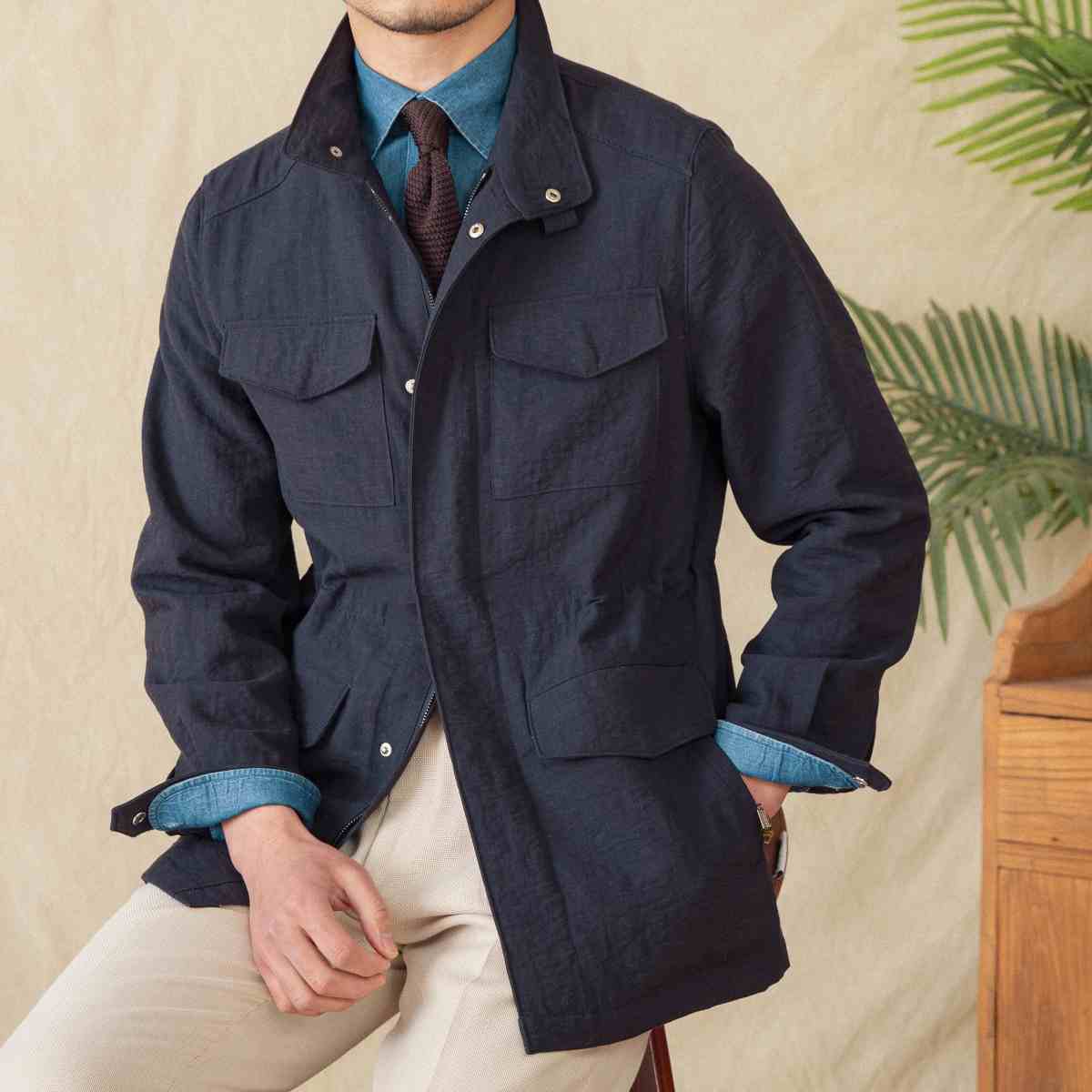 Stand Collar Jacket Linen Blended Breathable Gentry Safari Jacket Coat