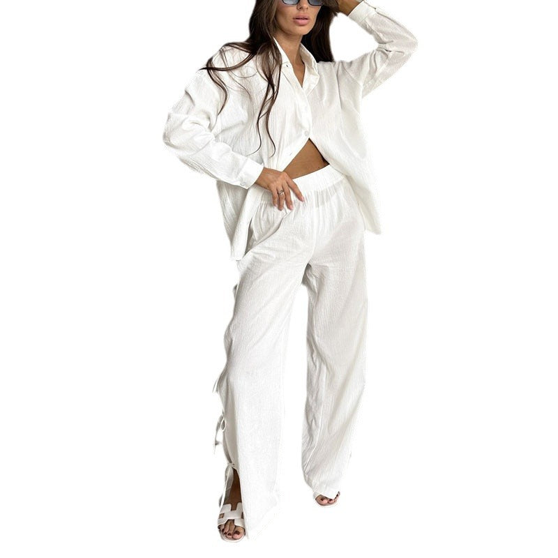 Women's New Casual Simple Solid Color Long Sleeve Pants Homewear Two-Piece Set