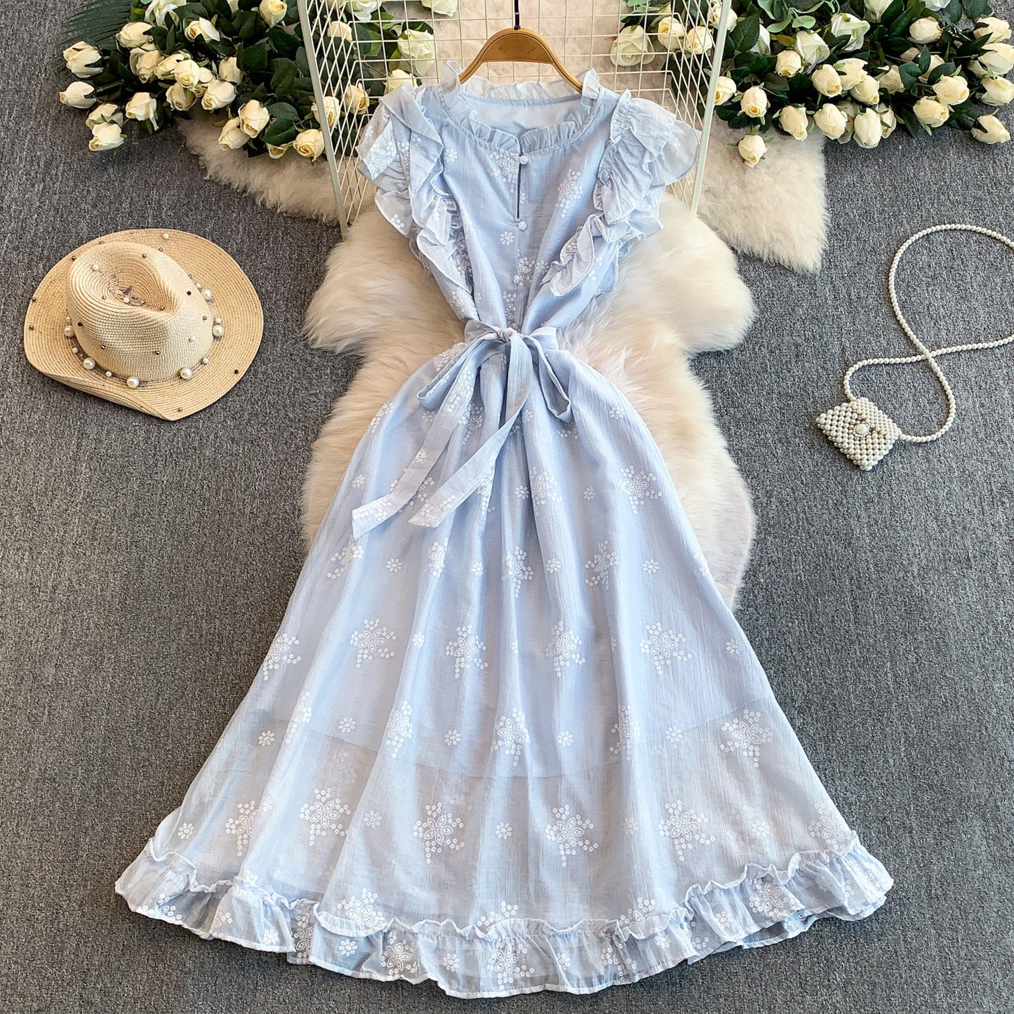 Sweet Ruffled Embroidered Round-Neck Dress Womens SpringAutumn Belted Waist Princess Long Gown