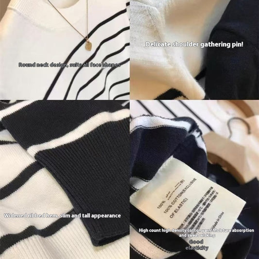 Women's Striped Knitted Short Sleeve Round Neck
