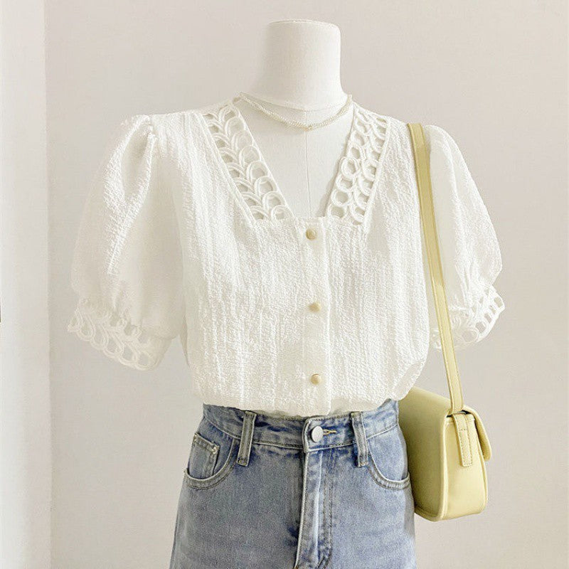 Design Sense Niche Lace Sweet Chic French Puff Sleeve Top