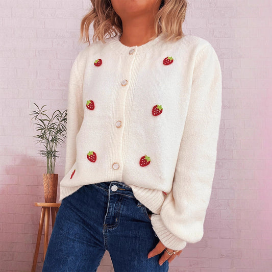Cute Strawberry Jacquard Knitted Cardigan Round Neck Long Sleeve Sweater