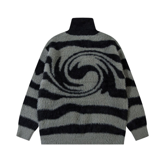 Autumn American Striped Half Zipper Mink Fur Knitted Sweater For Women