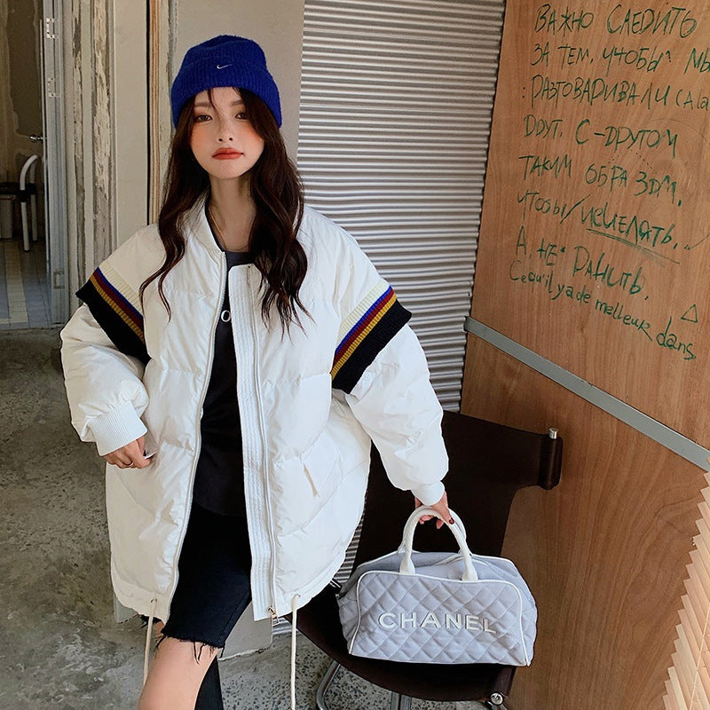 Loose Contrast Knit Striped Panel Down Jacket