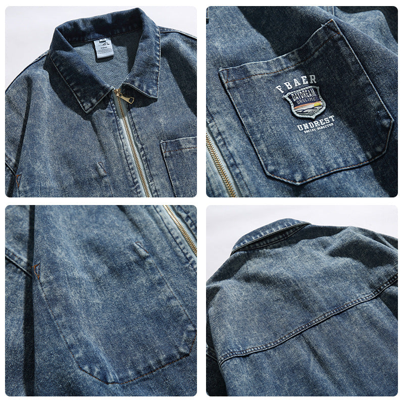 Retro Washed Distressed Zipper Couple Casual Denim Coat