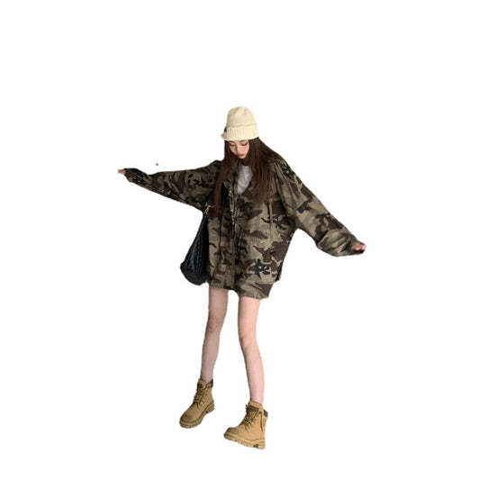 Women's Long Sleeve Zipper Camouflage Tooling Short Coat