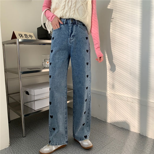 New Design Sense Straight Loose High Waist Love Jeans For Women