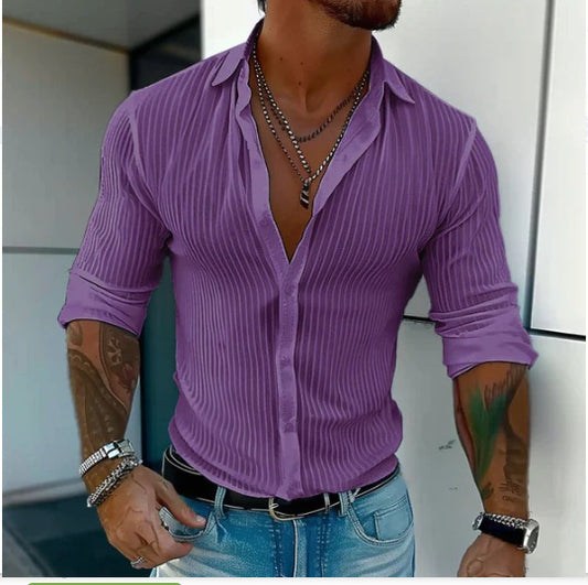 Pure Color All-matching Men's Striped Cardigan Long Sleeve Shirt
