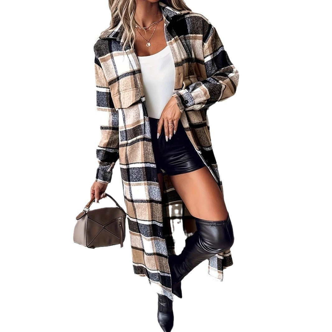 Women's Plaid Button Pocket Design Mid-length Coat