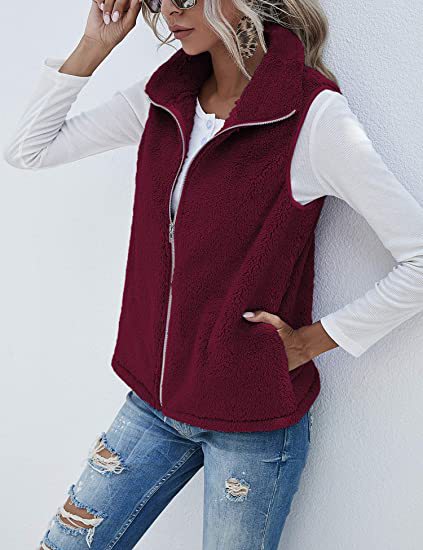 Plush Stand Collar Sleeveless Zipper Lightweight Vest