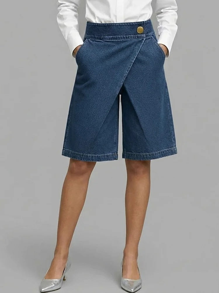 Asymmetriske croppantbukser til kvinder i imiteret denim
