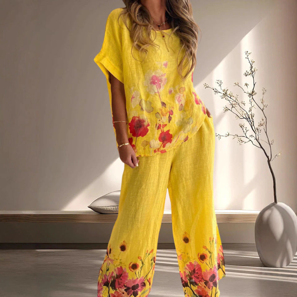 Women's Versatile Artistic Retro Cotton-Linen Short-Sleeve Set