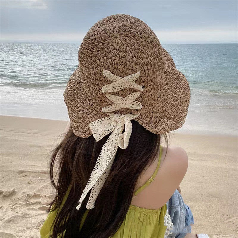 Women's Straw Hat Lace Bow Hollow Handmade