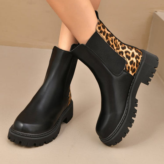 Round-toe Chunky-heel Patchwork Casual All-matching Boots