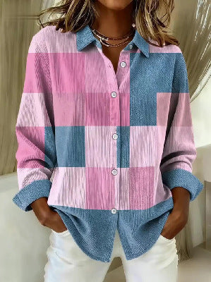 Womens Plaid Loose-Fit Retro Long-Sleeve Shirt Top