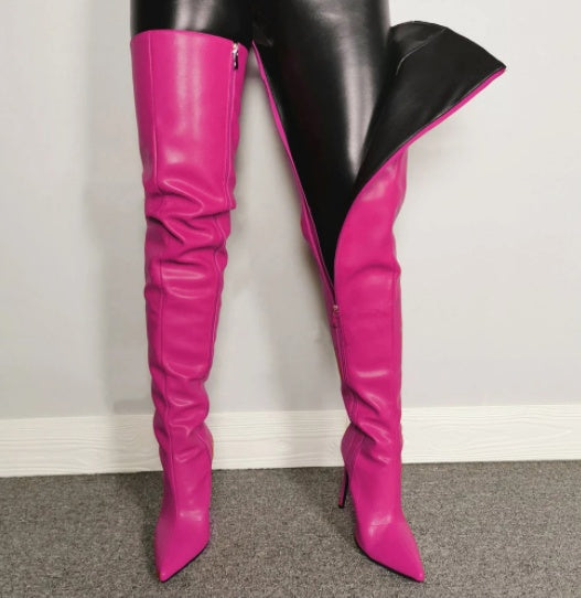 Ladies Color Boots Pointed Toe Pu Side Zipper High Heel Stiletto Plus Size Ladies Over Knee