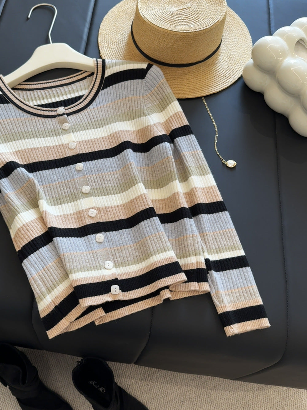 Women's Long-sleeved Striped Knit Sweater Thin Fitted Base Sweater
