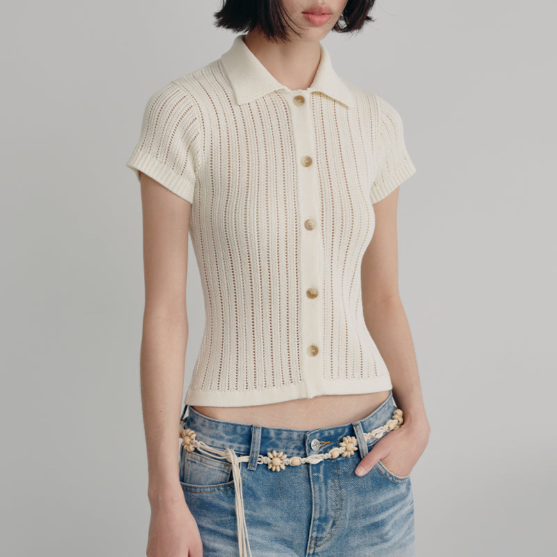 Flip Collar Hollowed Out Knitted Cardigan With Ice Silk Breathable T-shirt