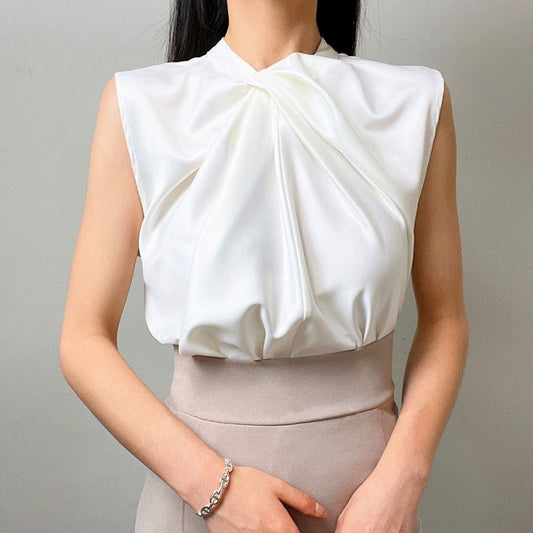 Twist Pleated Single-breasted Sexy All-matching Sleeveless Shirt