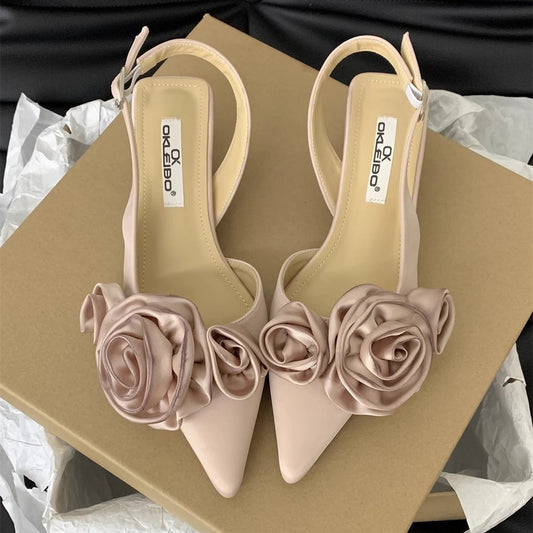 Spring And Summer Pointed French Flower Black Closed Toe Sandals Fairy Shoes