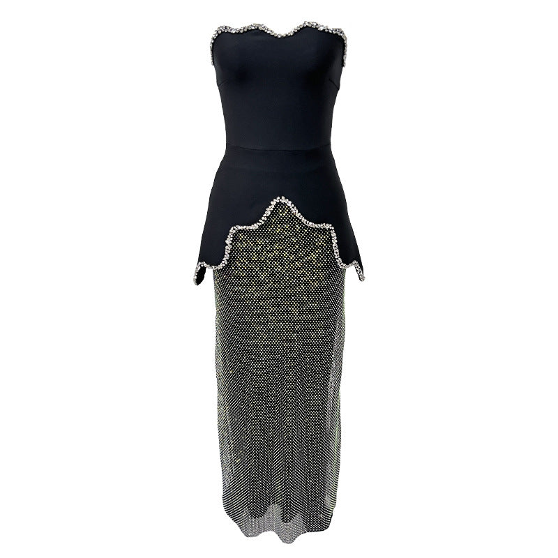 Black Crystal Tube Top Bandage Top High Waist Long Skirt Two-piece Suit