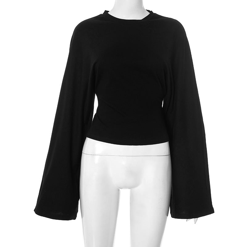 Solid Color Round Neck Shoulder Across Sleeve Waist-tight Sexy Long-sleeved Top