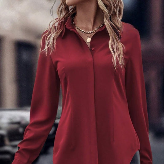 Dobbeltdørs Satin Revers Langærmet Top Pendlingsstil Slim-fit Dametøj