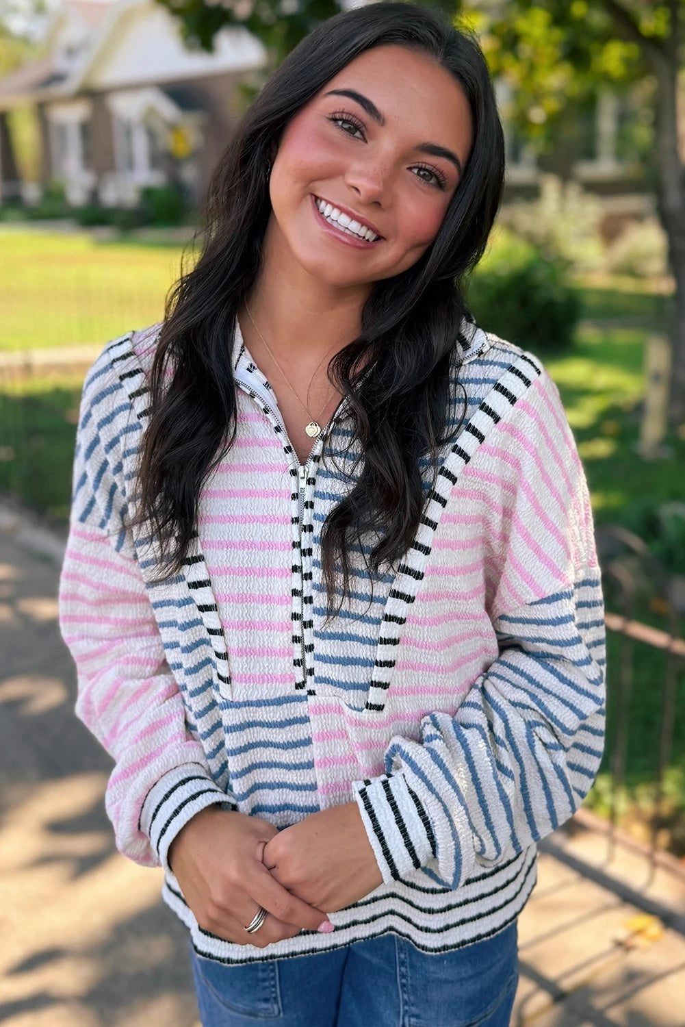 Multifarvet stribet kontrastfarvet patchwork half-zip drop-shoulder langærmet top