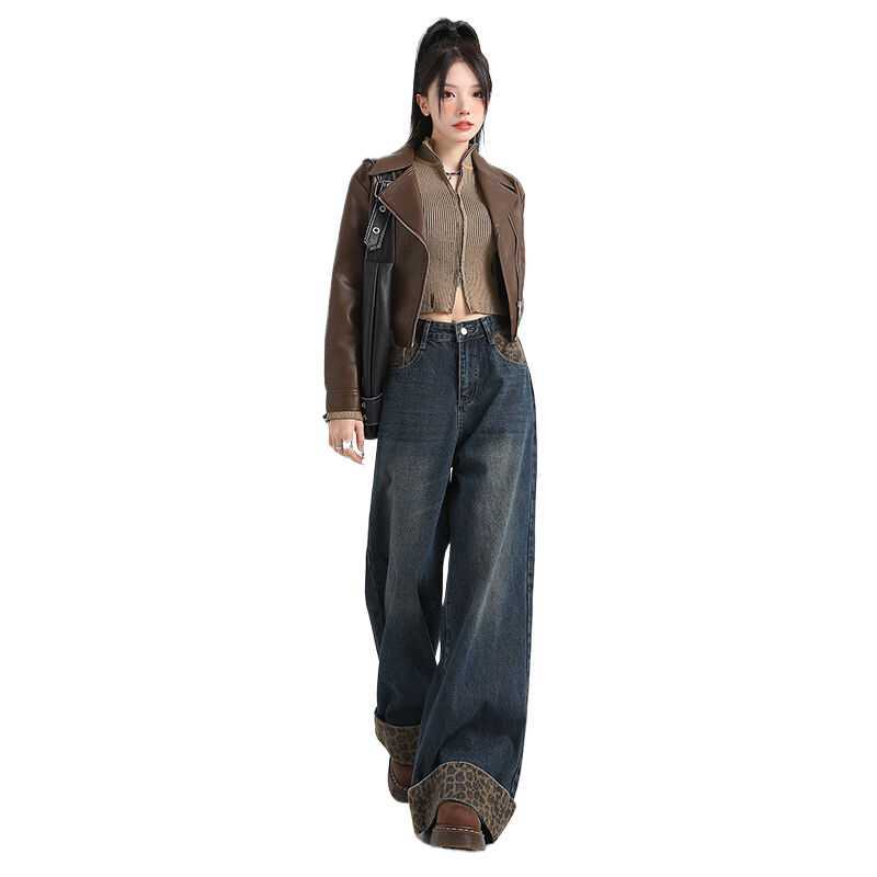 Leopard-print Curling Niche Design Stitching Jeans