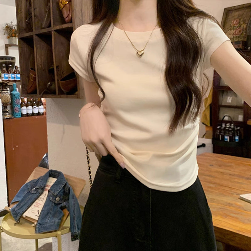 Solid Color Pleated Slim-fit Irregular Design Short Round Neck Top