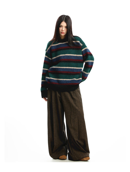 Women's American-style Contrast Striped Round Neck Sweater Autumn