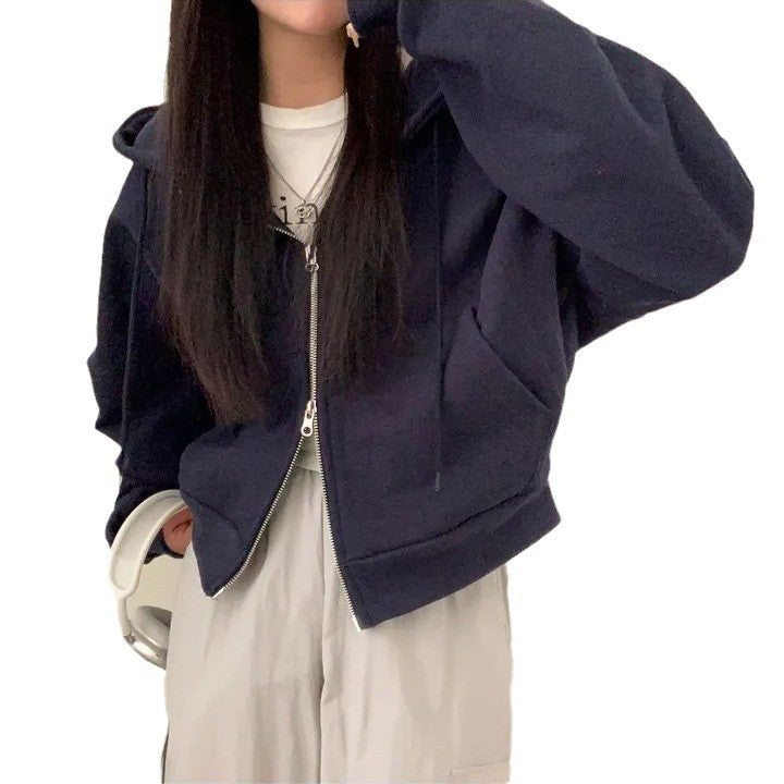 Casual Hooded Personality Double Zipper Fleece Padded Sweater Coat