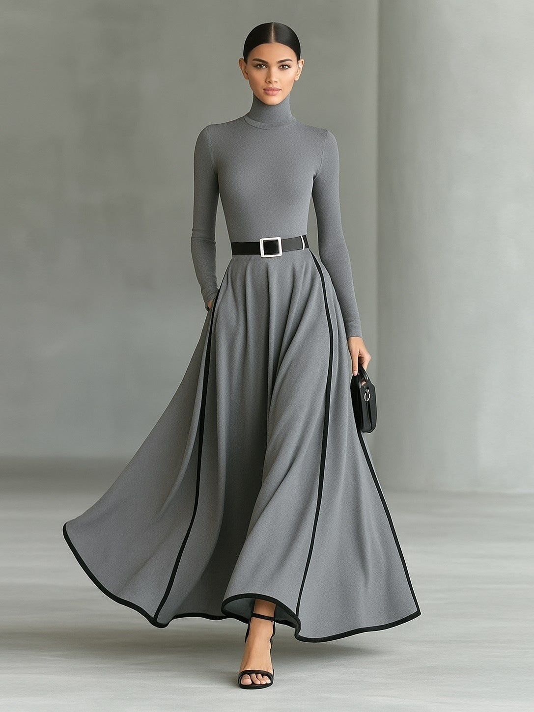 Womens High-neck Long-sleeve Form-fitting Dress With A Waist Belt