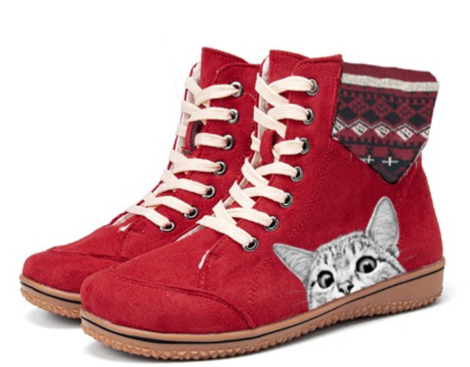 Women's Flat-bottomed Wool Lace-up Martin Boots