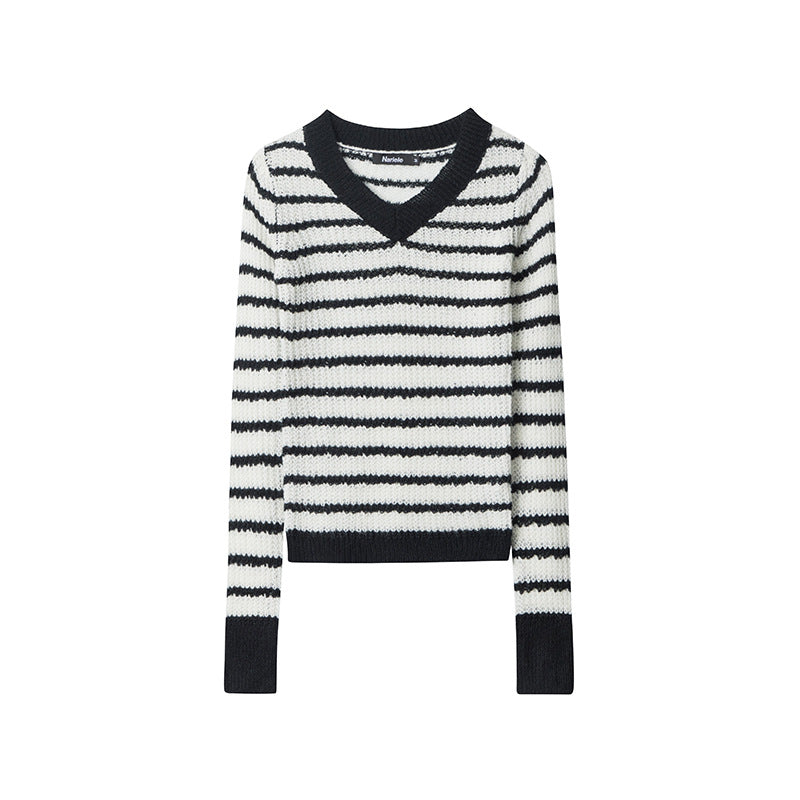 European And American V-neck Striped Design Minority Style New Long Sleeve Contrast Color Sweater
