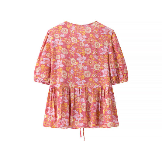 Women's New Fashion Viscose Wrinkle Print Short Sleeve Embroidered Shirt