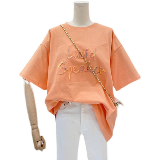 Women's Loose Short-sleeved T-shirt With Bronzing Letter Design Sense