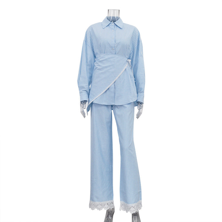 Patchwork Striped Lapel Long-sleeve Shirt Casual Wide-leg Pantsthree-piece Set