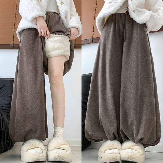 Womens High-Waisted Fleece-Lined Solid-Color Lamb Wool Bloomer Culottes