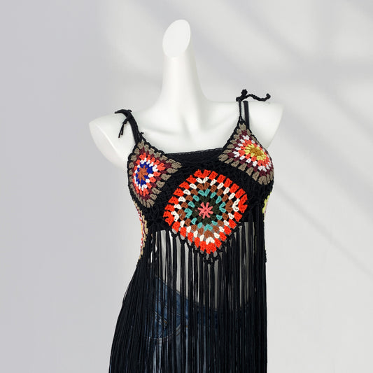 Long Handmade Crocheted Plaid Knitted Sling Tassel Smock Dress