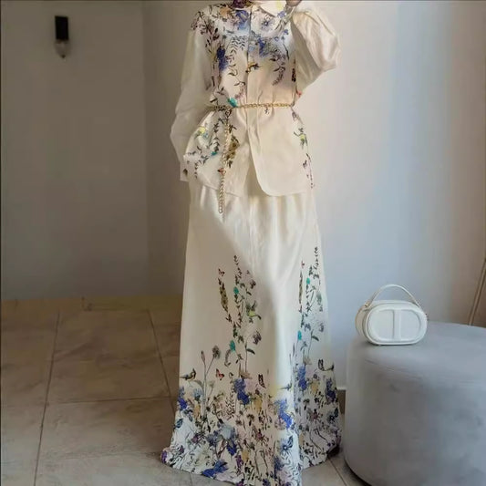 Women's Fashion Flower-Print Casual Long Dress Set