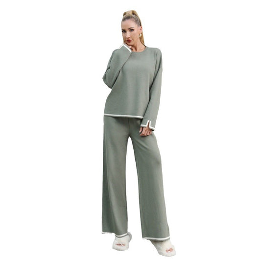 Thickened Elegant Casual Contrasting Color Long-Sleeve Womens Knitted Suit