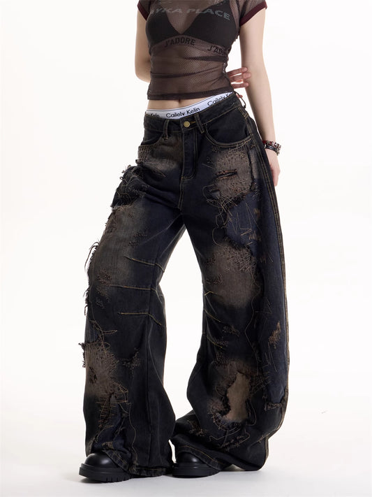 American Retro Hot Girl Wind Black Tie-dyed Ripped Jeans