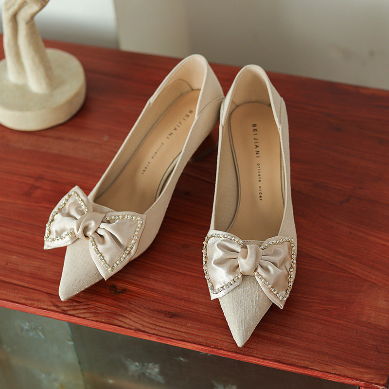 Women's Pointed Toe Chunky Heel Shoes With Rhinestone Bow High Heels