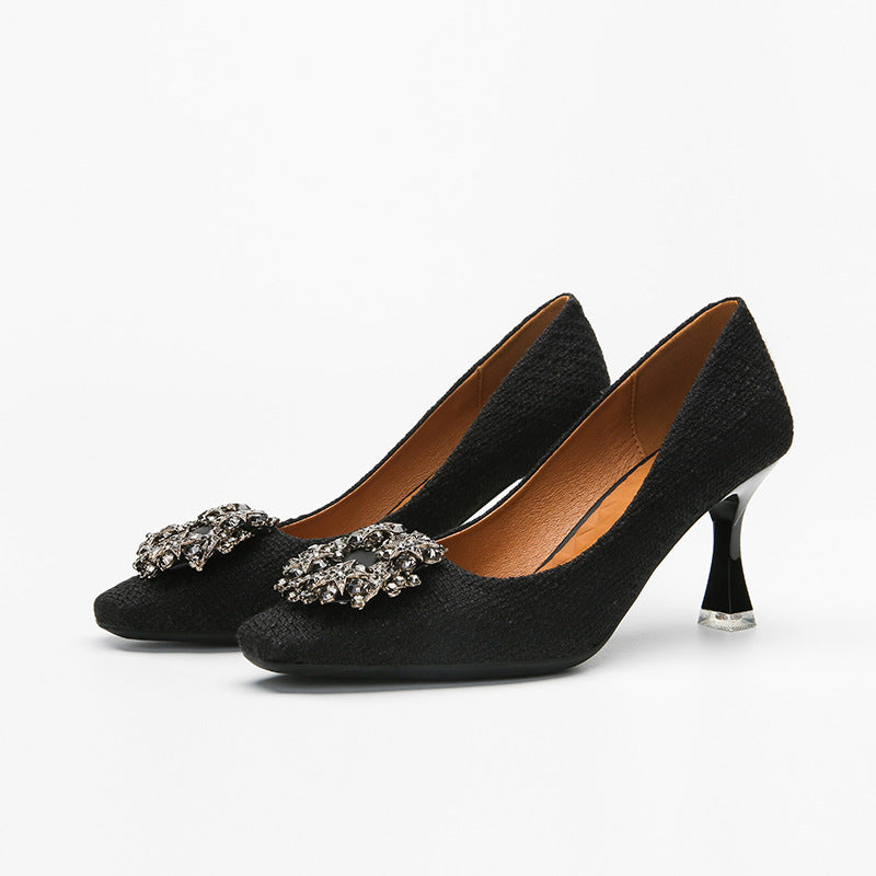 Metal Square Button Square Head High Heels