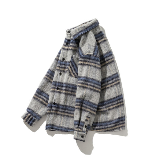 Contrasting Color Brushed Thickened Long-sleeved Plaid Shirt Men's Models