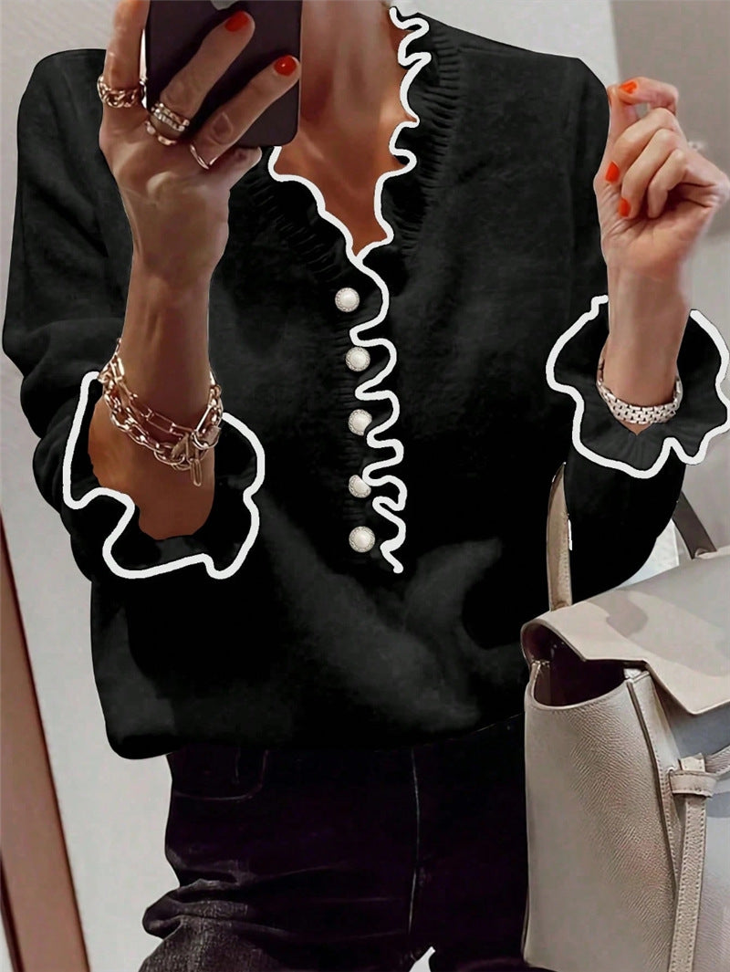 Fashion Color Contrast Wooden Ear Pearl Button Long Sleeve V-neck Sweater Pullover